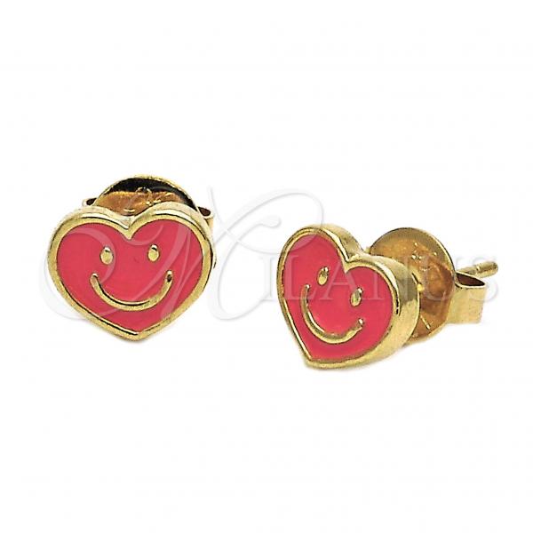 Oro Laminado Stud Earring, Gold Filled Style Heart and Smile Design, Orange Enamel Finish, Golden Finish, 02.64.0234 *PROMO*