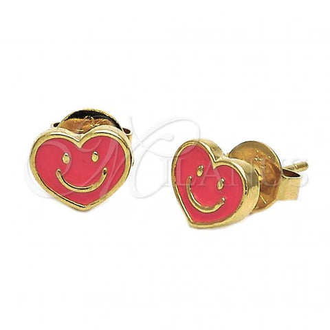 Oro Laminado Stud Earring, Gold Filled Style Heart and Smile Design, Orange Enamel Finish, Golden Finish, 02.64.0234 *PROMO*