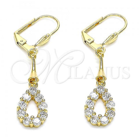 Oro Laminado Long Earring, Gold Filled Style Teardrop Design, with White Cubic Zirconia, Polished, Golden Finish, 02.387.0047