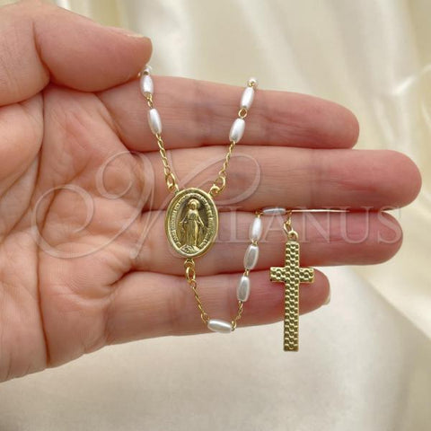Oro Laminado Medium Rosary, Gold Filled Style Altagracia and Cross Design, with Ivory Pearl, Polished, Golden Finish, 09.02.0052.24