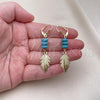 Oro Laminado Long Earring, Gold Filled Style Leaf Design, with Turquoise Crystal, Polished, Golden Finish, 02.414.0008