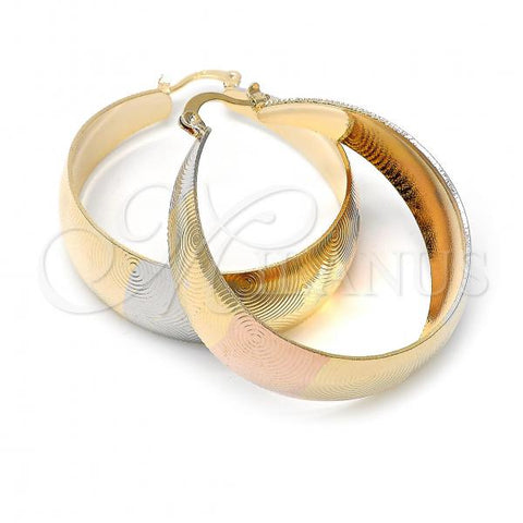 Oro Laminado Large Hoop, Gold Filled Style Spiral Design, Diamond Cutting Finish, Tricolor, 5.150.006