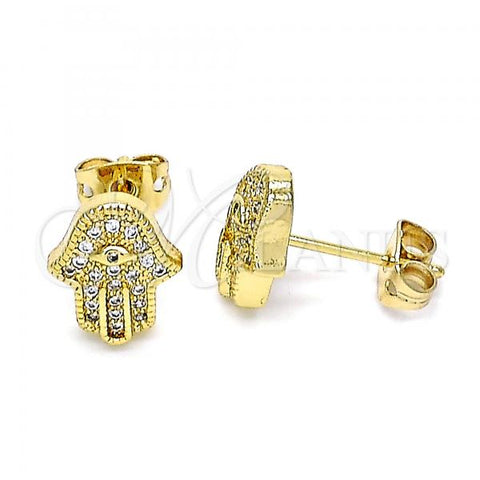 Oro Laminado Stud Earring, Gold Filled Style Hand of God Design, with White Micro Pave, Polished, Golden Finish, 02.342.0163