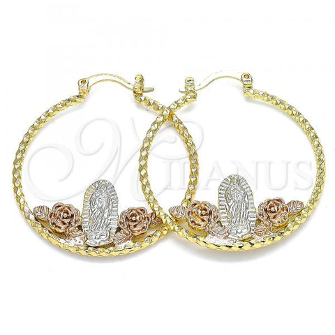 Oro Laminado Medium Hoop, Gold Filled Style Guadalupe and Flower Design, Diamond Cutting Finish, Tricolor, 02.351.0102.35