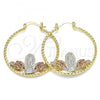 Oro Laminado Medium Hoop, Gold Filled Style Guadalupe and Flower Design, Diamond Cutting Finish, Tricolor, 02.351.0102.35