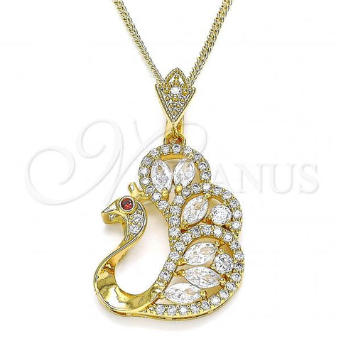 Oro Laminado Pendant Necklace, Gold Filled Style Peacock Design, with White and Garnet Cubic Zirconia, Polished, Golden Finish, 04.283.0003.1.20