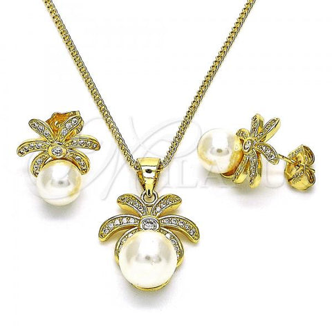 Oro Laminado Earring and Pendant Adult Set, Gold Filled Style with Ivory Pearl and White Micro Pave, Polished, Golden Finish, 10.156.0097.1