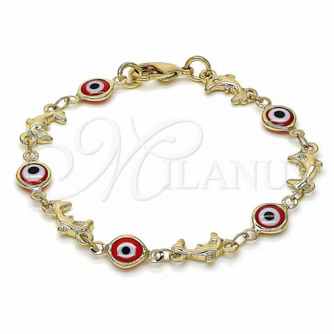 Oro Laminado Fancy Bracelet, Gold Filled Style Evil Eye and Dolphin Design, Red Resin Finish, Golden Finish, 03.326.0009.1.06