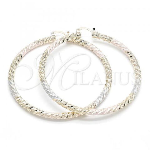 Oro Laminado Extra Large Hoop, Gold Filled Style Hollow Design, Diamond Cutting Finish, Tricolor, 02.170.0135.1.70