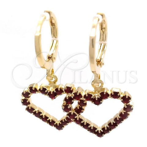 Oro Laminado Huggie Hoop, Gold Filled Style Heart Design, with Garnet Cubic Zirconia, Polished, Golden Finish, 02.02.0494.4.15