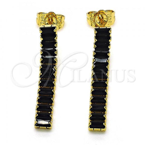 Oro Laminado Long Earring, Gold Filled Style Baguette Design, with Black Cubic Zirconia, Polished, Golden Finish, 02.403.0001.3
