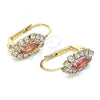 Oro Laminado Leverback Earring, Gold Filled Style Leaf Design, with Rose and White Crystal, Polished, Golden Finish, 02.122.0082.8