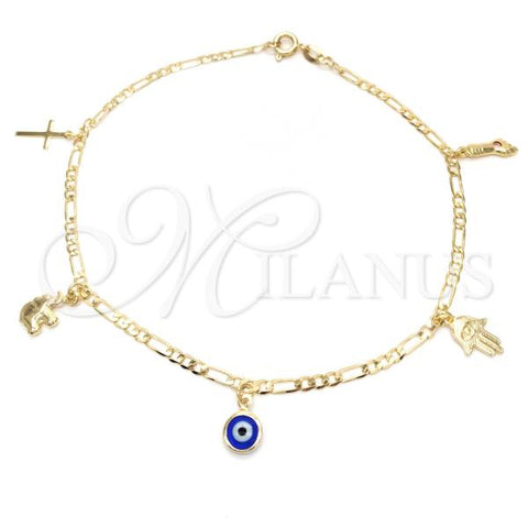 Oro Laminado Charm Anklet , Gold Filled Style Evil Eye and Elephant Design, Polished, Golden Finish, 03.58.0007.10