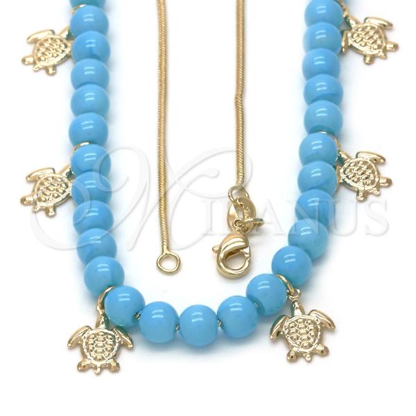 Oro Laminado Pendant Necklace, Gold Filled Style Turtle and Rat Tail Design, Blue Resin Finish, Golden Finish, 04.32.0008.4.18