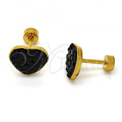 Stainless Steel Stud Earring, Heart Design, with Black Crystal, Polished, Golden Finish, 02.271.0022.3