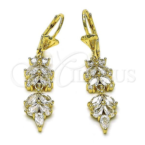Oro Laminado Long Earring, Gold Filled Style Leaf Design, with White Cubic Zirconia, Polished, Golden Finish, 02.210.0841