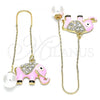 Oro Laminado Threader Earring, Gold Filled Style Elephant Design, with White Crystal, Pink Enamel Finish, Golden Finish, 02.380.0029