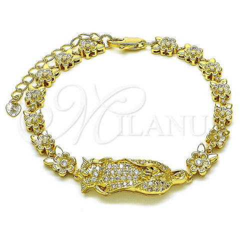 Oro Laminado Solid Bracelet, Gold Filled Style Guadalupe and Flower Design, with White Cubic Zirconia, Polished, Golden Finish, 03.411.0009.08
