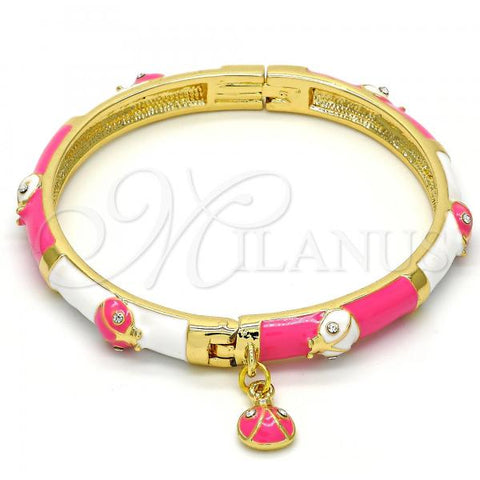 Oro Laminado Individual Bangle, Gold Filled Style Ladybug Design, with White Crystal, Pink Enamel Finish, Golden Finish, 07.254.0003.2.03 (06 MM Thickness, Size 3 - 2.00 Diameter)