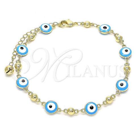 Oro Laminado Fancy Anklet, Gold Filled Style Evil Eye Design, Turquoise Enamel Finish, Golden Finish, 03.213.0018.4.10