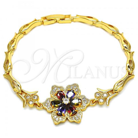 Oro Laminado Fancy Bracelet, Gold Filled Style Flower and Fish Design, with Multicolor Cubic Zirconia, Polished, Golden Finish, 03.210.0105.1.08