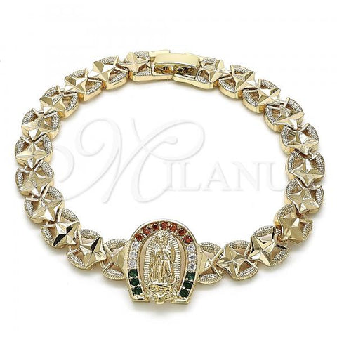 Oro Laminado Fancy Bracelet, Gold Filled Style Guadalupe Design, with Multicolor Cubic Zirconia, Diamond Cutting Finish, Golden Finish, 03.100.0065.07