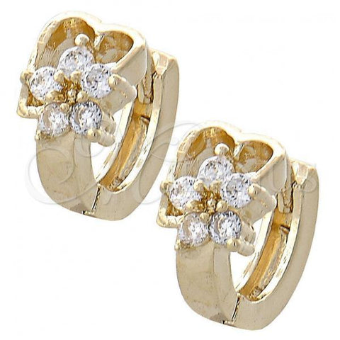 Oro Laminado Huggie Hoop, Gold Filled Style Flower and Heart Design, with White Cubic Zirconia, Polished, Golden Finish, 02.165.0113