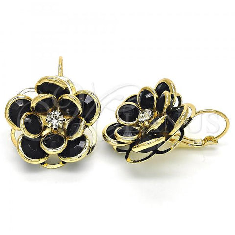 Oro Laminado Leverback Earring, Gold Filled Style Flower Design, with Black and White Crystal, Polished, Golden Finish, 02.64.0640.4