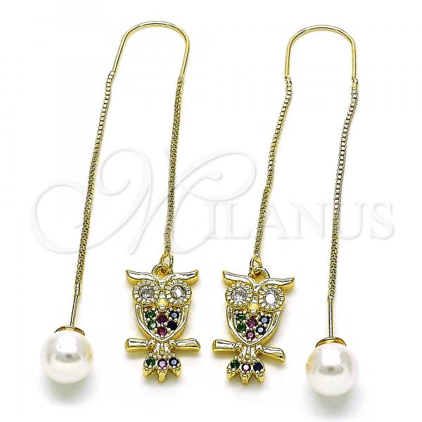 Oro Laminado Threader Earring, Gold Filled Style Owl Design, with Multicolor and White Micro Pave, Polished, Golden Finish, 02.210.0812.1