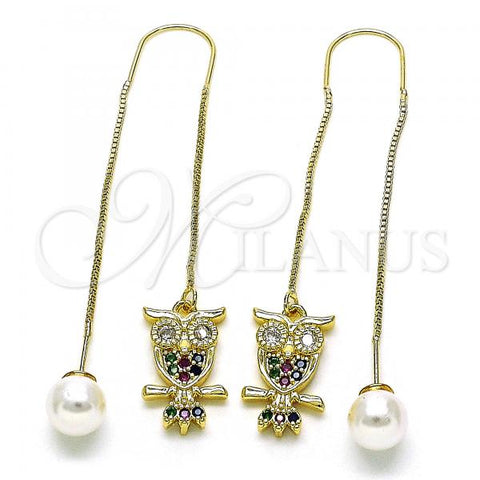 Oro Laminado Threader Earring, Gold Filled Style Owl Design, with Multicolor and White Micro Pave, Polished, Golden Finish, 02.210.0812.1