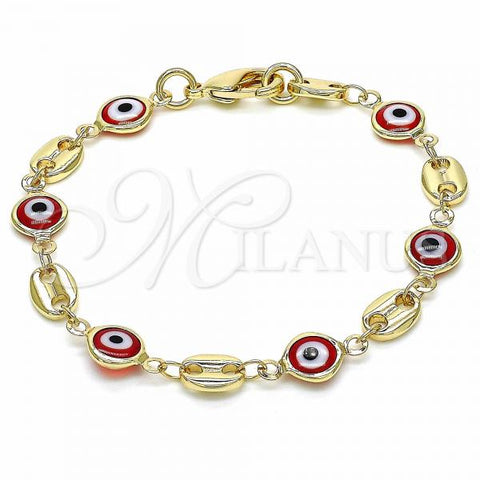 Oro Laminado Fancy Bracelet, Gold Filled Style Evil Eye Design, Red Resin Finish, Golden Finish, 03.326.0012.1.06