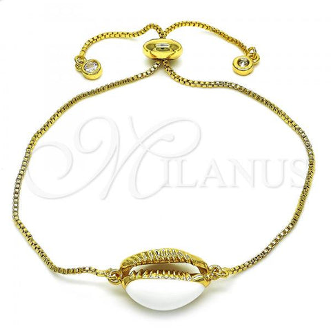 Oro Laminado Adjustable Bolo Bracelet, Gold Filled Style with White Cubic Zirconia, White Enamel Finish, Golden Finish, 03.207.0098.10