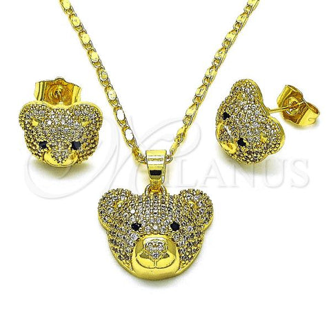Oro Laminado Earring and Pendant Adult Set, Gold Filled Style Teddy Bear Design, with White and Black Micro Pave, Polished, Golden Finish, 10.267.0001