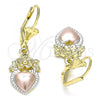 Oro Laminado Dangle Earring, Gold Filled Style Heart Design, Polished, Tricolor, 02.351.0092