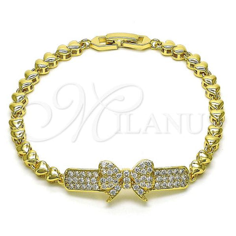 Oro Laminado Fancy Bracelet, Gold Filled Style Bow and Heart Design, with White Micro Pave, Polished, Golden Finish, 03.283.0380.07