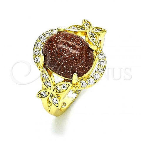 Oro Laminado Multi Stone Ring, Gold Filled Style Butterfly Design, with Brown  and White Micro Pave, Polished, Golden Finish, 01.284.0062.09