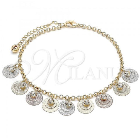 Oro Laminado Charm Anklet , Gold Filled Style Filigree Design, with White Crystal, Polished, Tricolor, 03.331.0075.10