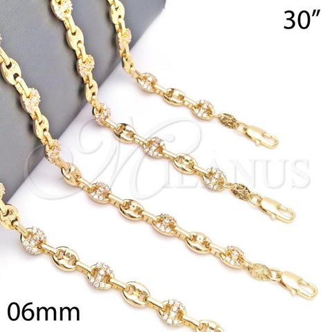 Oro Laminado Fancy Necklace, Gold Filled Style Puff Mariner Design, with White Micro Pave, Polished, Golden Finish, 04.63.1406.30