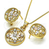 Oro Laminado Earring and Pendant Adult Set, Gold Filled Style Flower Design, with White Crystal, Polished, Tricolor, 10.361.0010