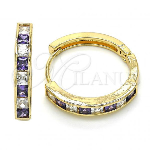 Oro Laminado Huggie Hoop, Gold Filled Style with Amethyst and White Cubic Zirconia, Polished, Golden Finish, 02.210.0106.3.25