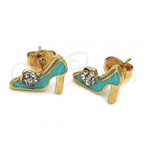 Oro Laminado Stud Earring, Gold Filled Style Shoes and Flower Design, with White Crystal, Blue Enamel Finish, Golden Finish, 02.64.0208 *PROMO*