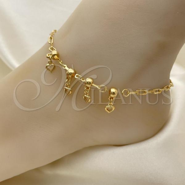 Oro Laminado Charm Anklet , Gold Filled Style Heart and Ball Design, Polished, Golden Finish, 03.32.0614.10