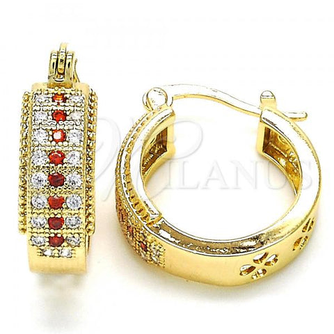 Oro Laminado Small Hoop, Gold Filled Style with Garnet and White Cubic Zirconia, Polished, Golden Finish, 02.210.0274.1.20