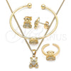 Oro Laminado Earring and Pendant Children Set, Gold Filled Style Teddy Bear and Heart Design, with White Micro Pave, Polished, Golden Finish, 06.210.0021