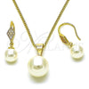 Oro Laminado Earring and Pendant Adult Set, Gold Filled Style Ball Design, with Ivory Pearl and White Micro Pave, Polished, Golden Finish, 10.195.0065