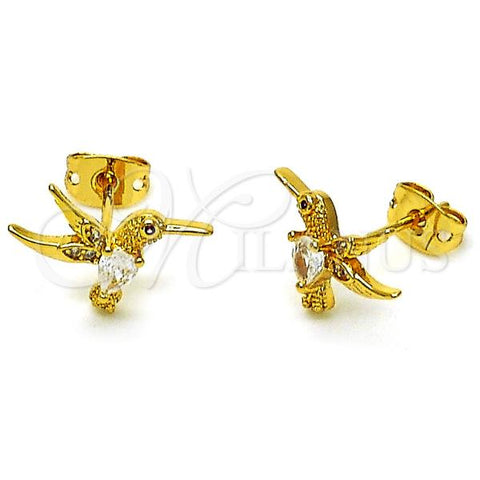 Oro Laminado Stud Earring, Gold Filled Style Bird Design, with White Cubic Zirconia and White Micro Pave, Polished, Golden Finish, 02.342.0318