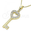 Oro Laminado Pendant Necklace, Gold Filled Style key and Heart Design, with White Crystal, Polished, Golden Finish, 04.213.0210.20