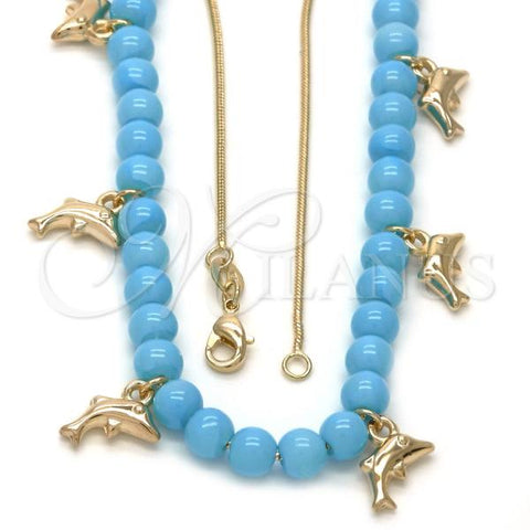 Oro Laminado Pendant Necklace, Gold Filled Style Dolphin and Rat Tail Design, Blue Resin Finish, Golden Finish, 04.32.0008.3.18