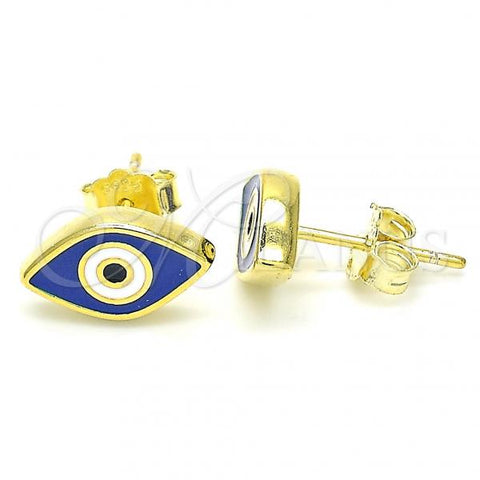 Sterling Silver Stud Earring, Evil Eye Design, Blue Enamel Finish, Golden Finish, 02.336.0055.2