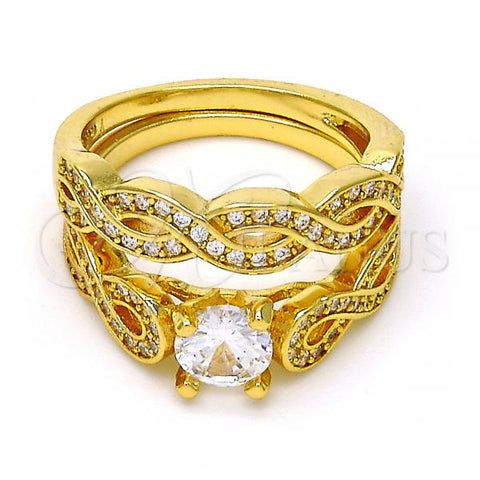 Oro Laminado Wedding Ring, Gold Filled Style and Duo with White Cubic Zirconia and White Micro Pave, Polished, Golden Finish, 01.99.0077.07 (Size 7)